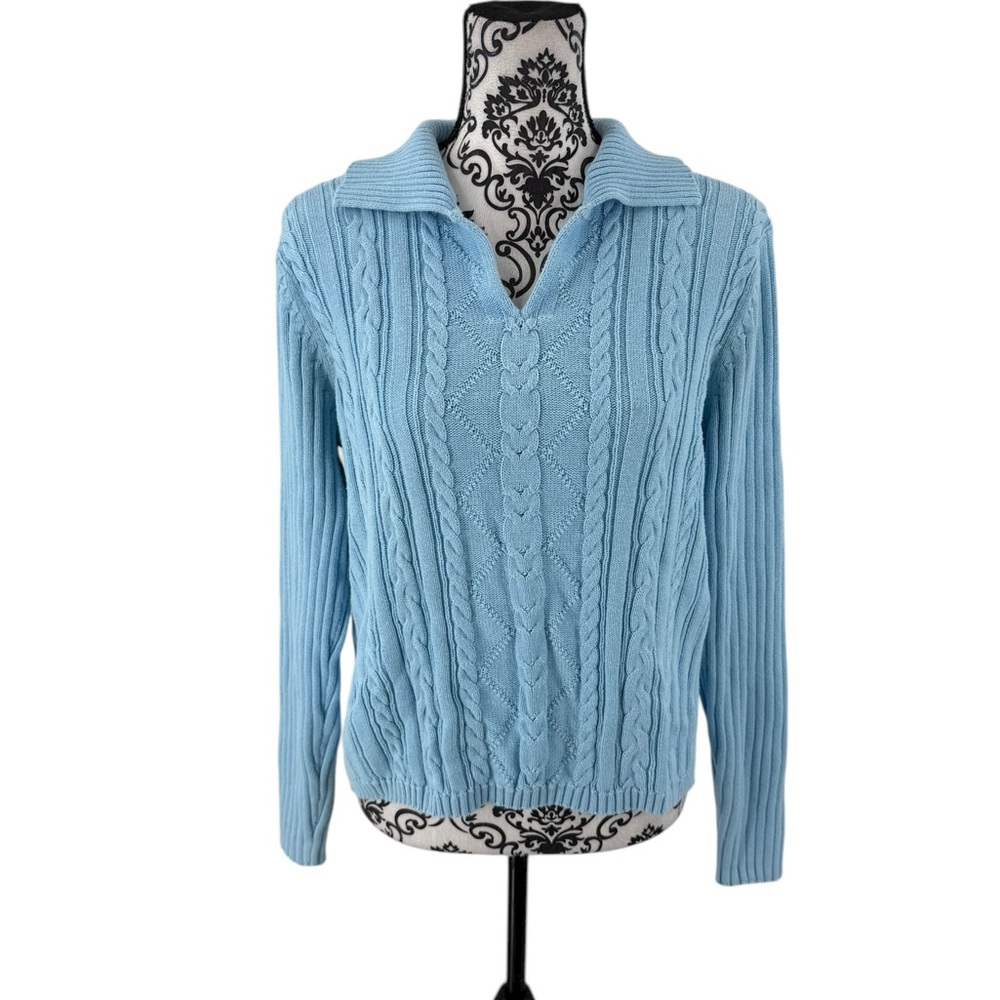 Villager by Liz Claiborne Light Blue Cable Knit Collared Sweater, Size L